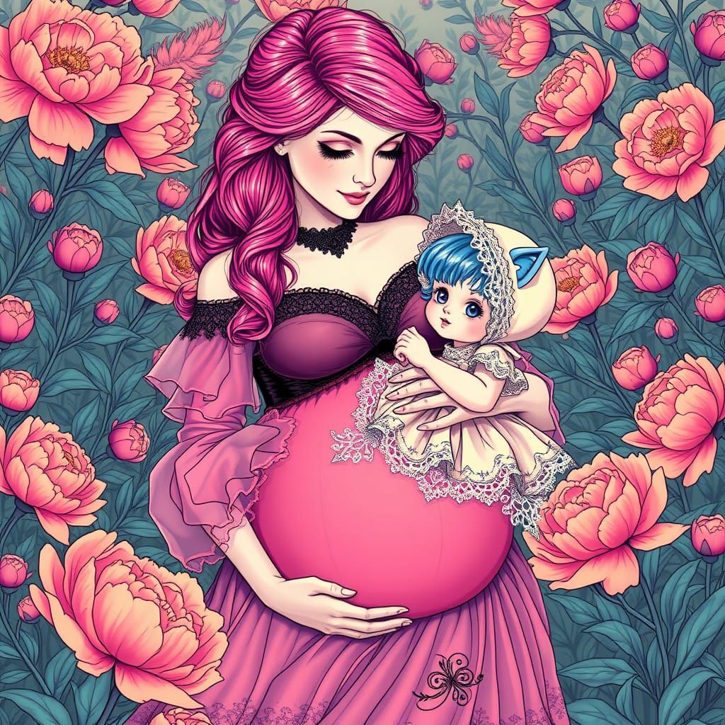 Serene Pregnant Woman in Gothic Elegance, Surrounded by Vibr...