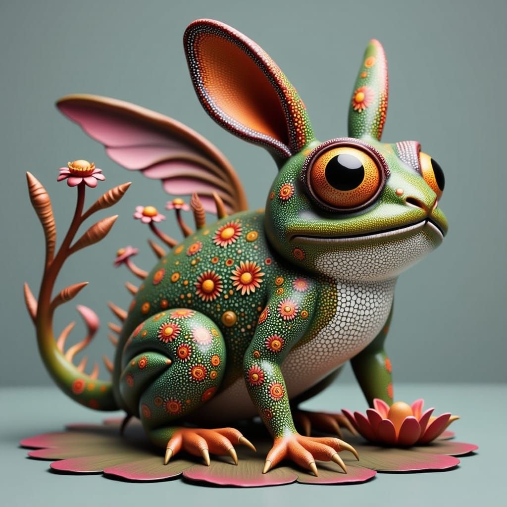 Surreal Bird-Frog-Rabbit Hybrid in Lotus Flower