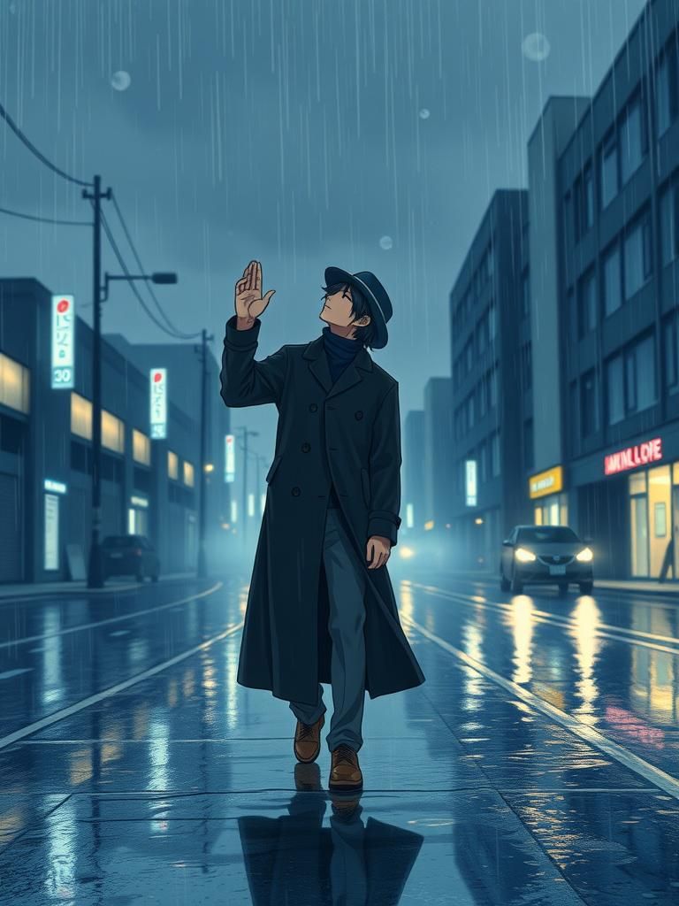 Rainy Night: Solitary Figure in Anime Key Visual Style