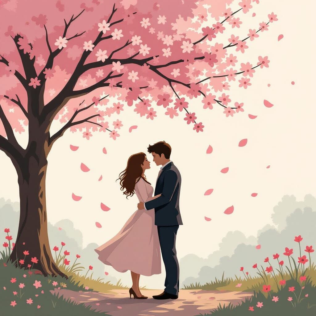 Silhouetted Lovers Under Blooming Tree in Whimsical Style