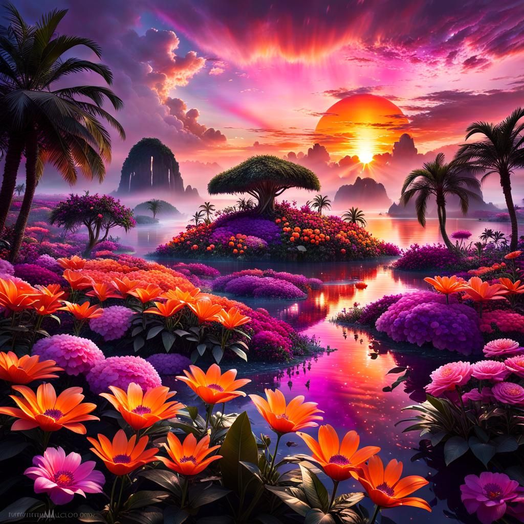 Surreal Island Oasis Sunset in Hyperrealistic Style
