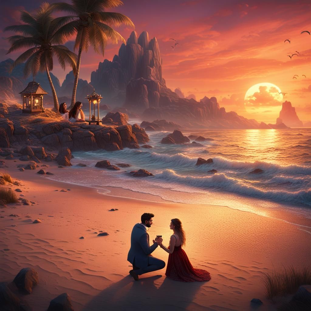 Romantic Beach Proposal at Sunset: Fantasy Concept Art