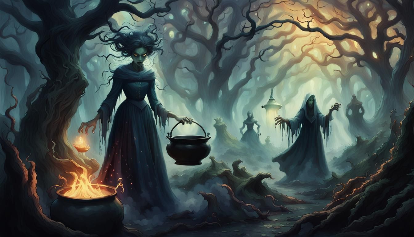 Eerie Witchcraft Scene with Spectral Figures