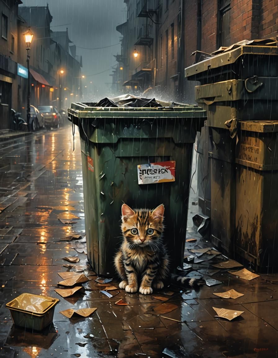 Crying Kitten in Rain: Dark Fantasy Concept Art