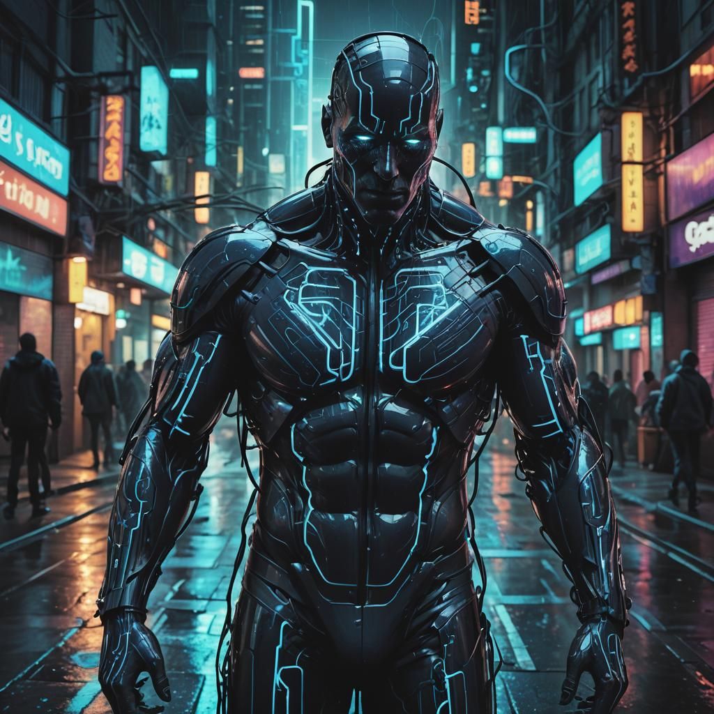 Neon-Noir Figure in Futuristic Cityscape Digital Art