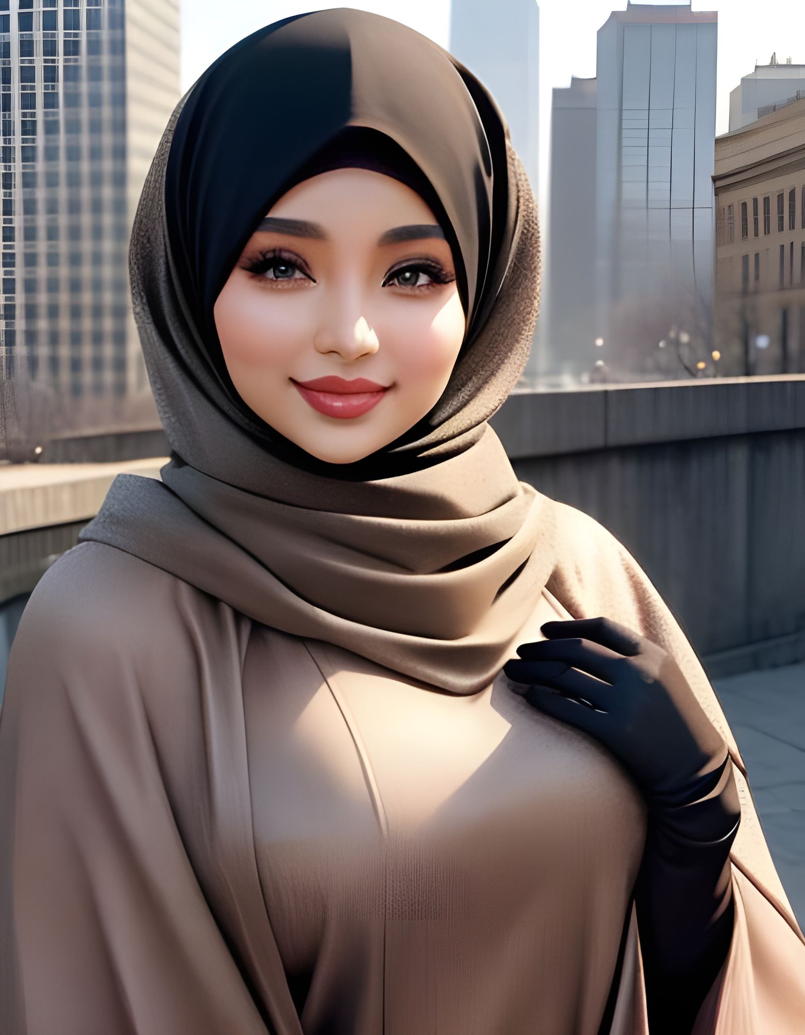 Enticing Arabian Hijabi Woman Smiles in City Portrait