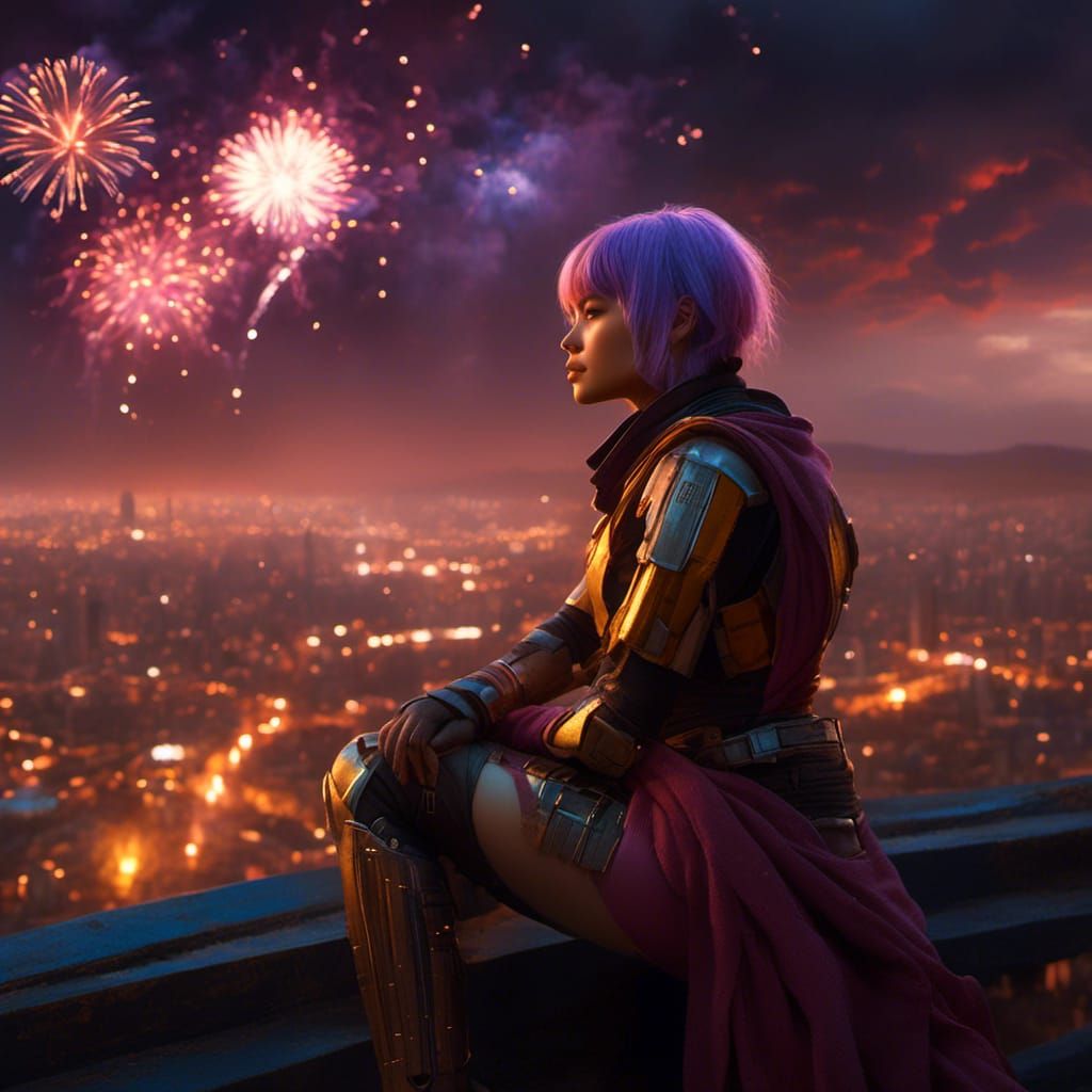 Sabine Wren Watches Fireworks in Cyberpunk City
