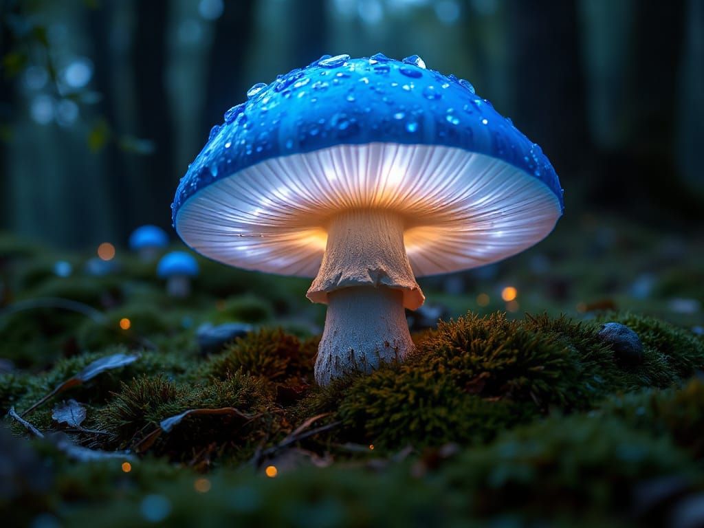 Glowing Blue Mushroom in Magical Forest