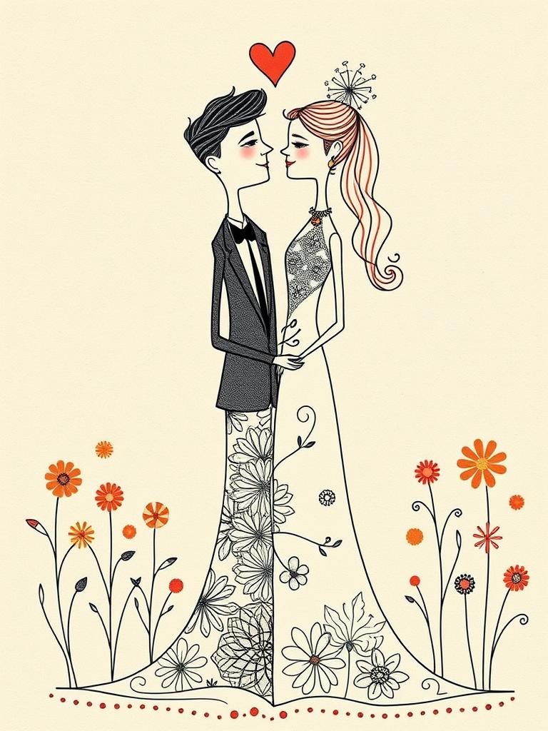 Abstract Wedding Couple with Intricate Textile Patterns