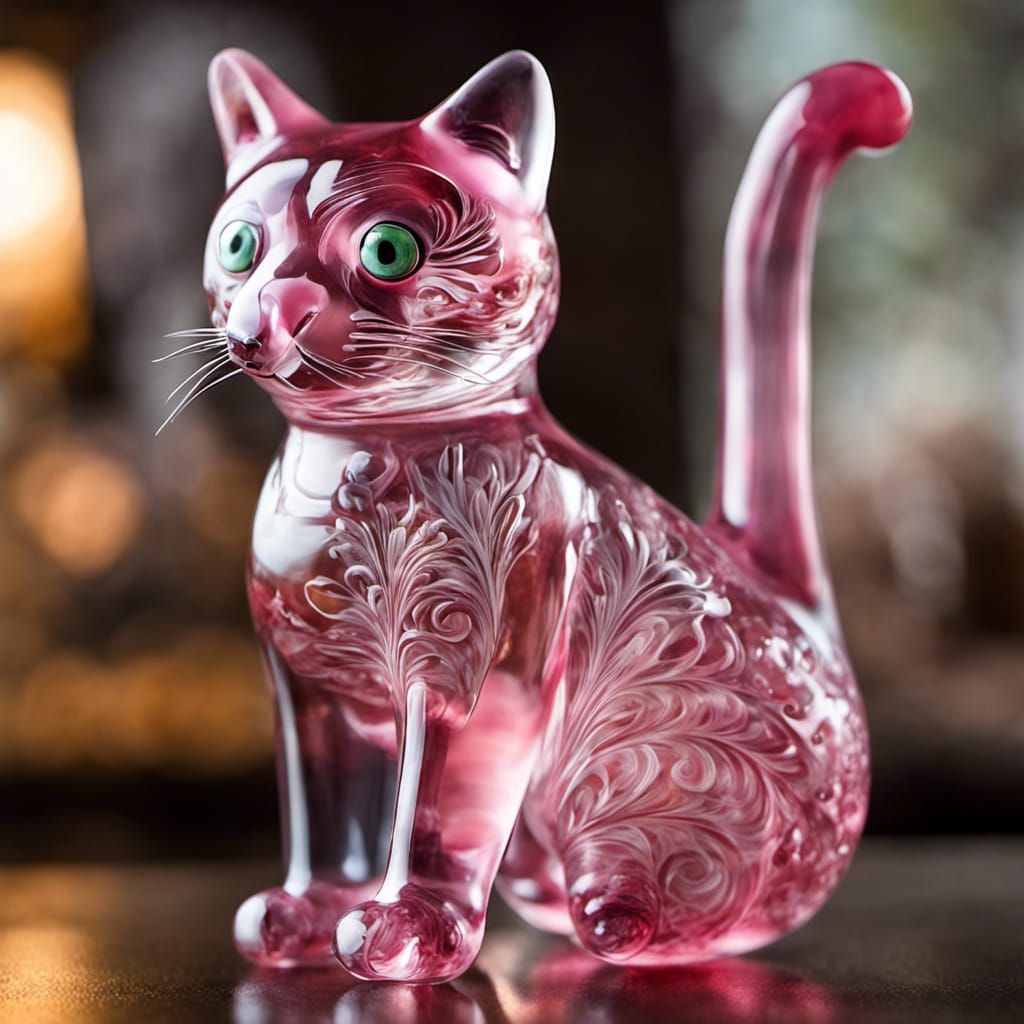 Intricately Detailed Blown Glass Cat Sculpture