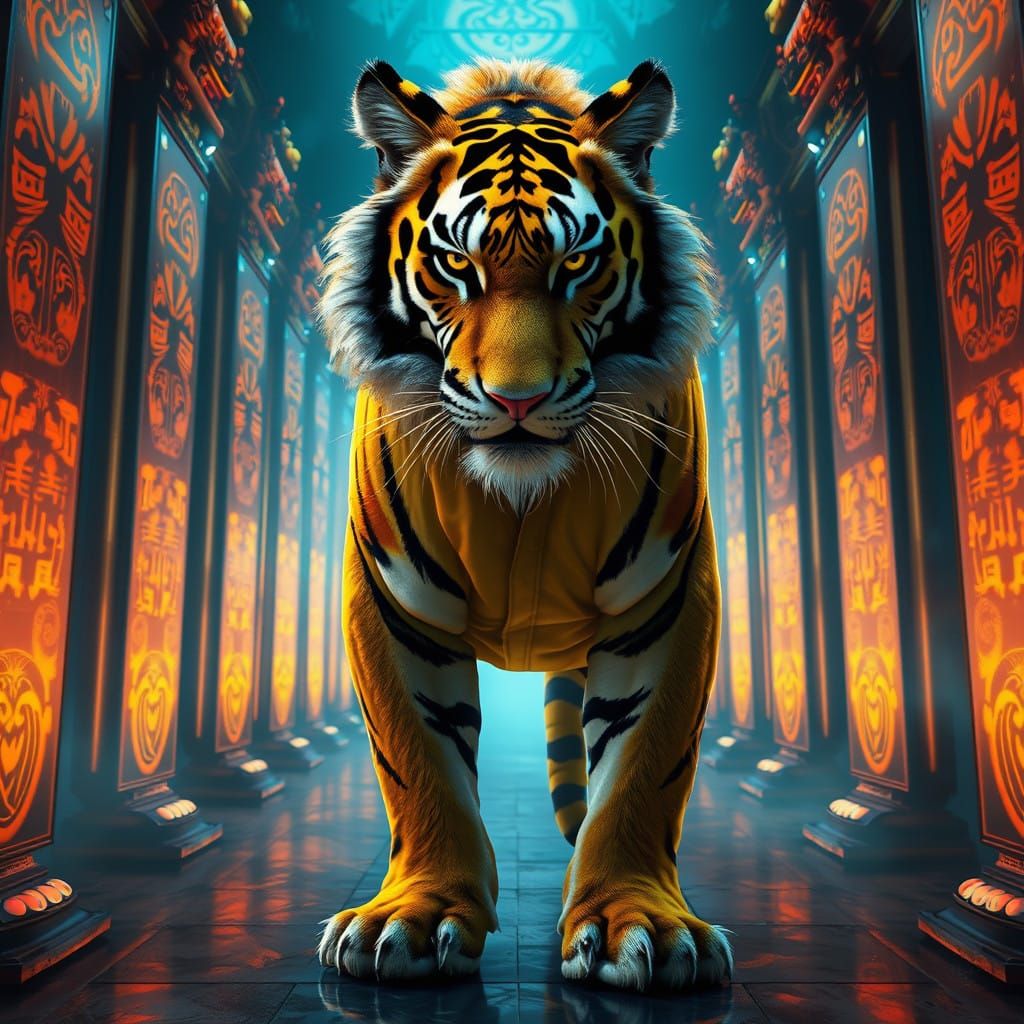 Majestic Tiger in Epic Yellow Jumpsuit, Hall of Mirrors