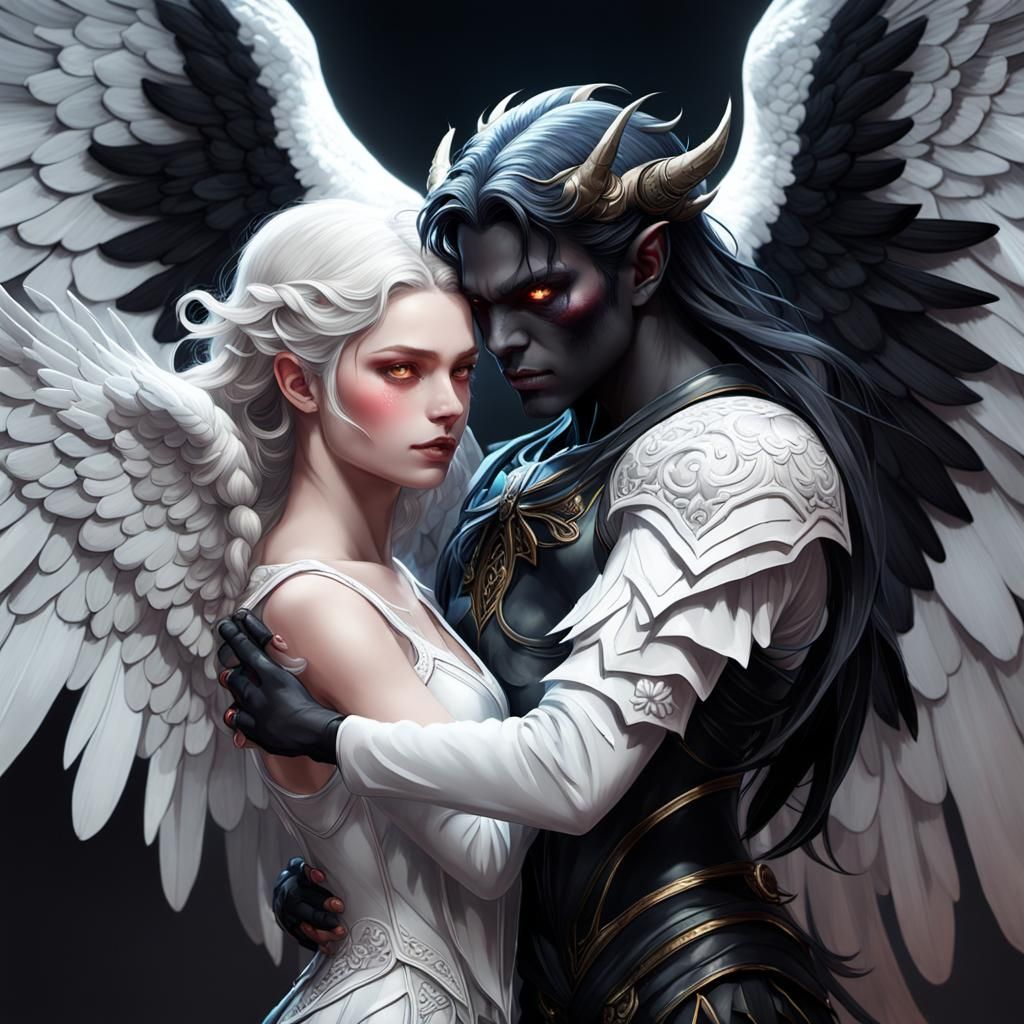 Angelic and Demonic Embrace: Detailed Digital Portrait