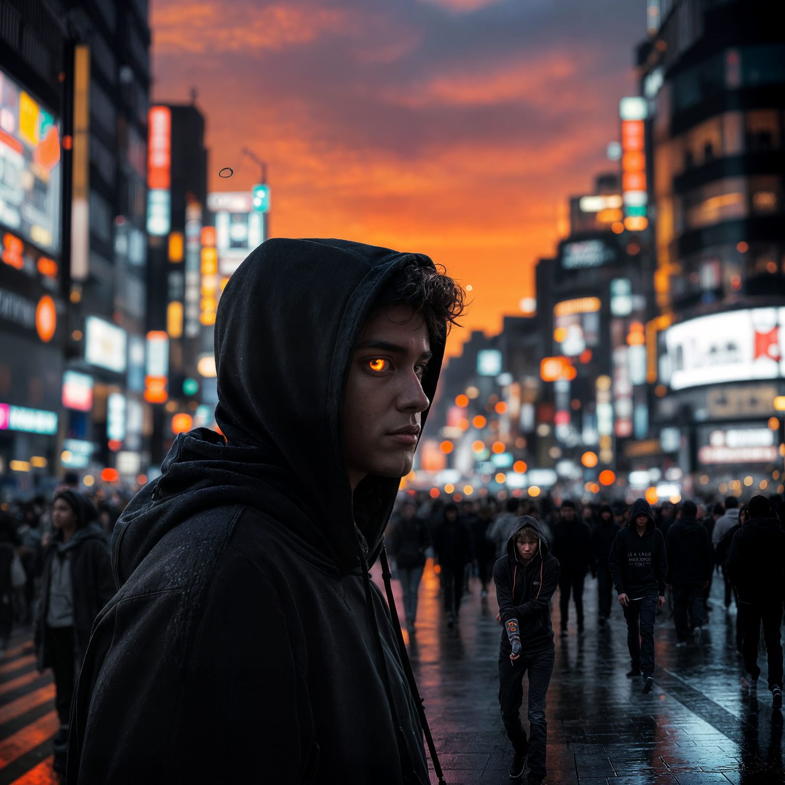 Man in Hoodie at Neon Shibuya Crossing at Dusk