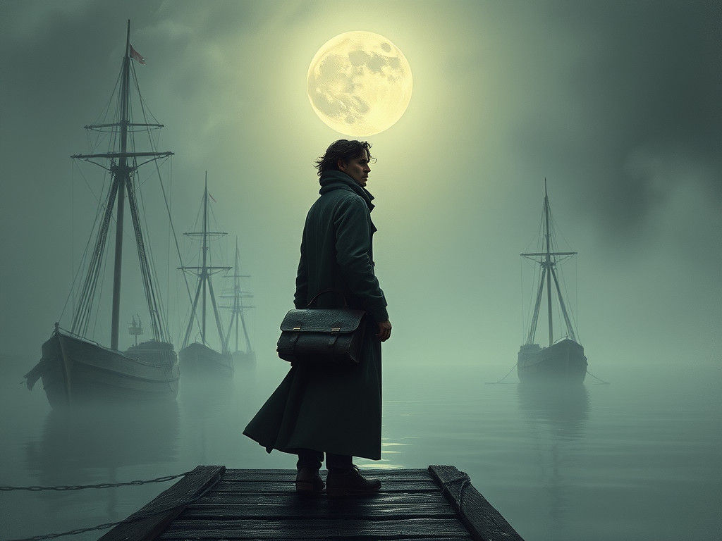 Misty Dock: Surreal Figure in Dreamy Moonlight
