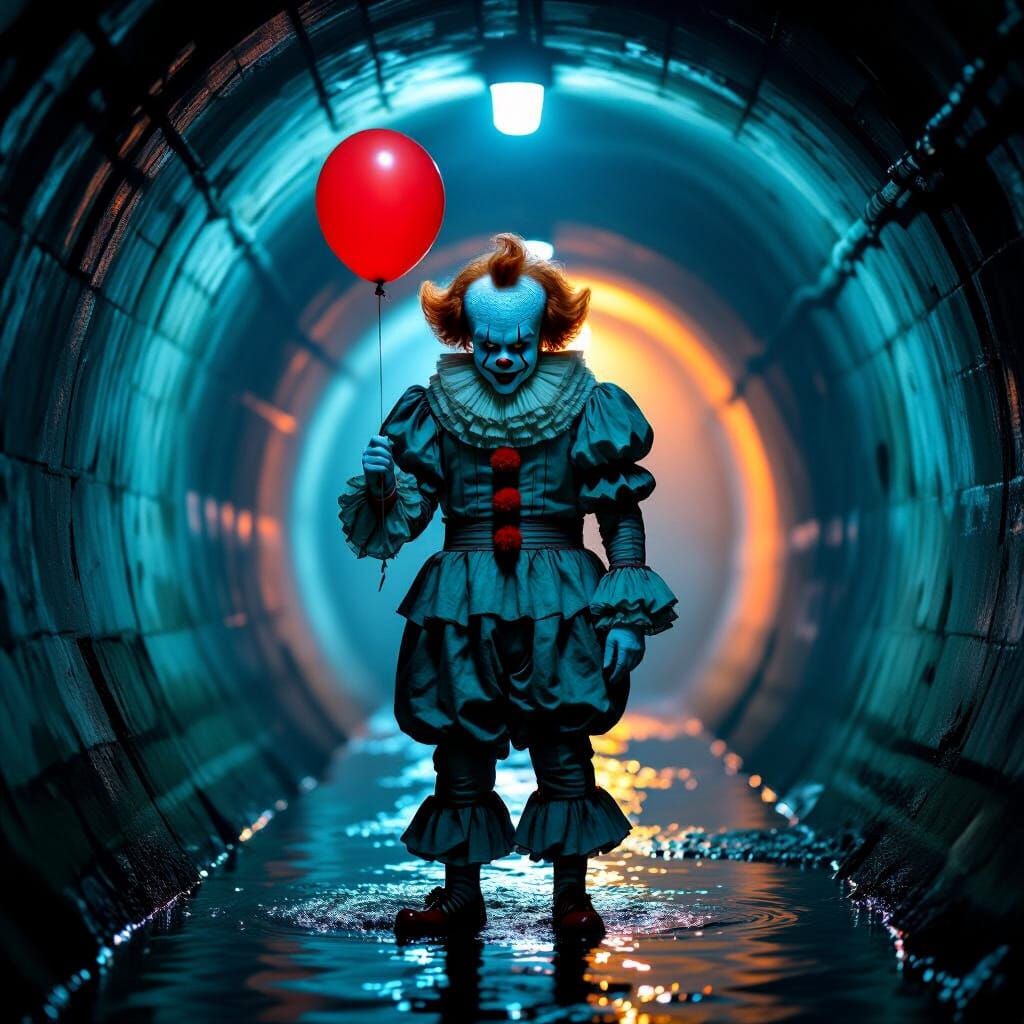 Ominous Clown in Dim Sewer Tunnel with Red Balloon