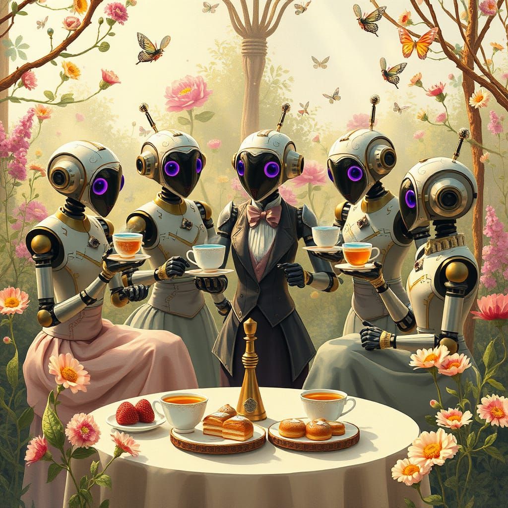 Robot Tea Party in Futuristic Garden, Fairytale Illustration
