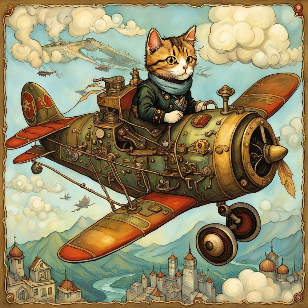 Steampunk Cat Pilot in Flying Machine