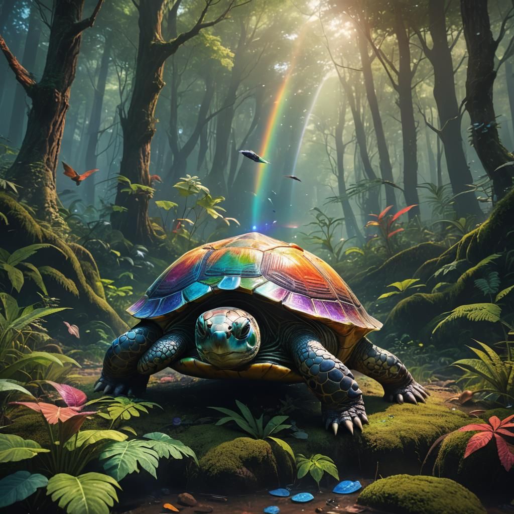 Mythical Rainbow Turtle in Forest: Fantasy Concept Art