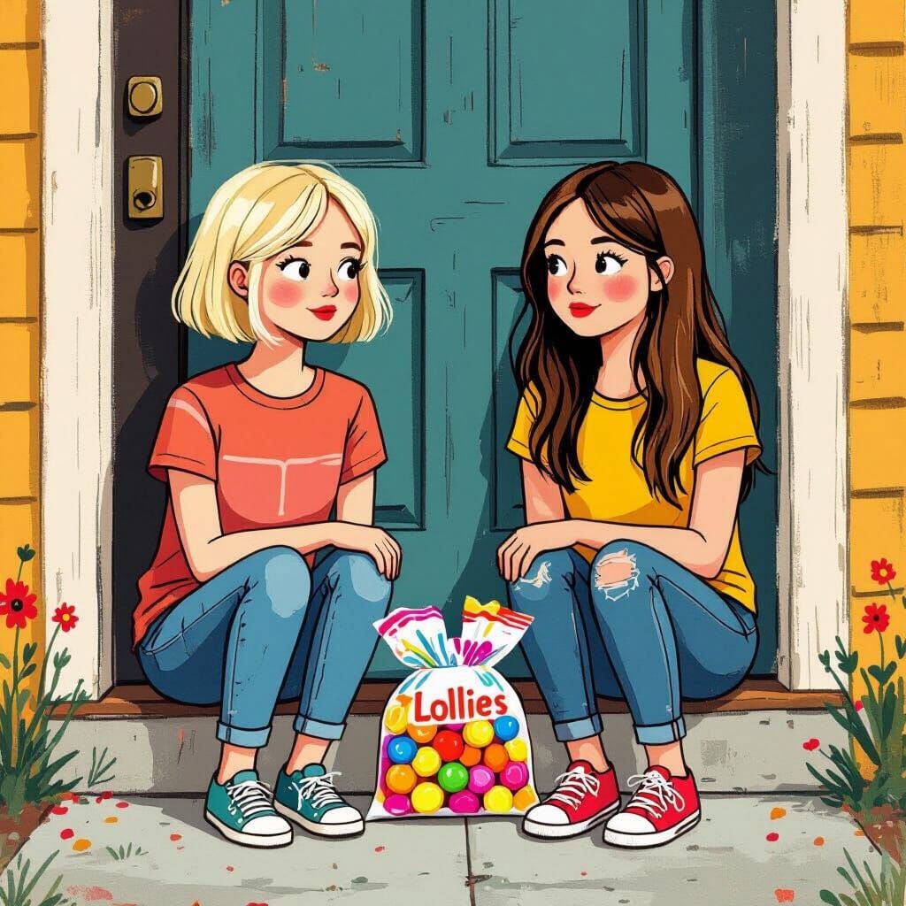 Girls with Lollies at Door in Illustrative Style