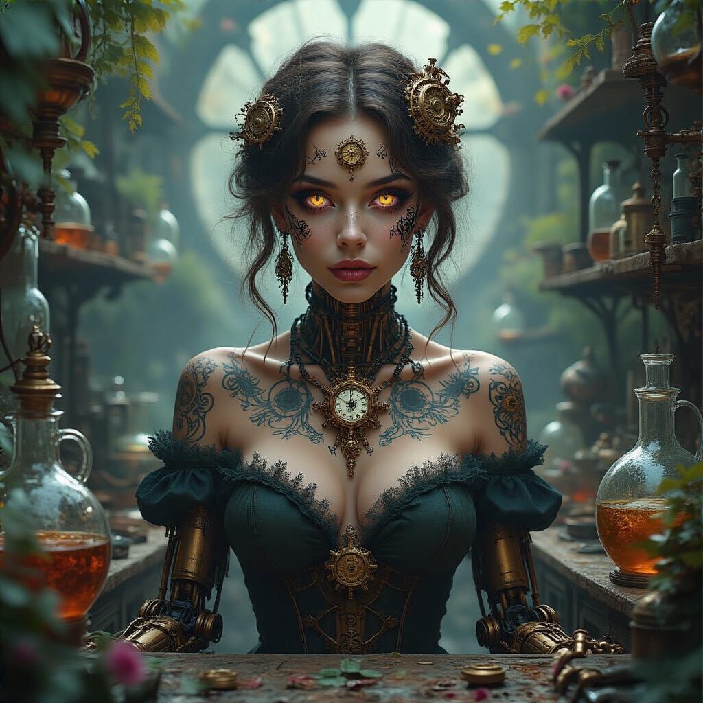 Steampunk Enchantress Portrait with Clockwork Tattoos