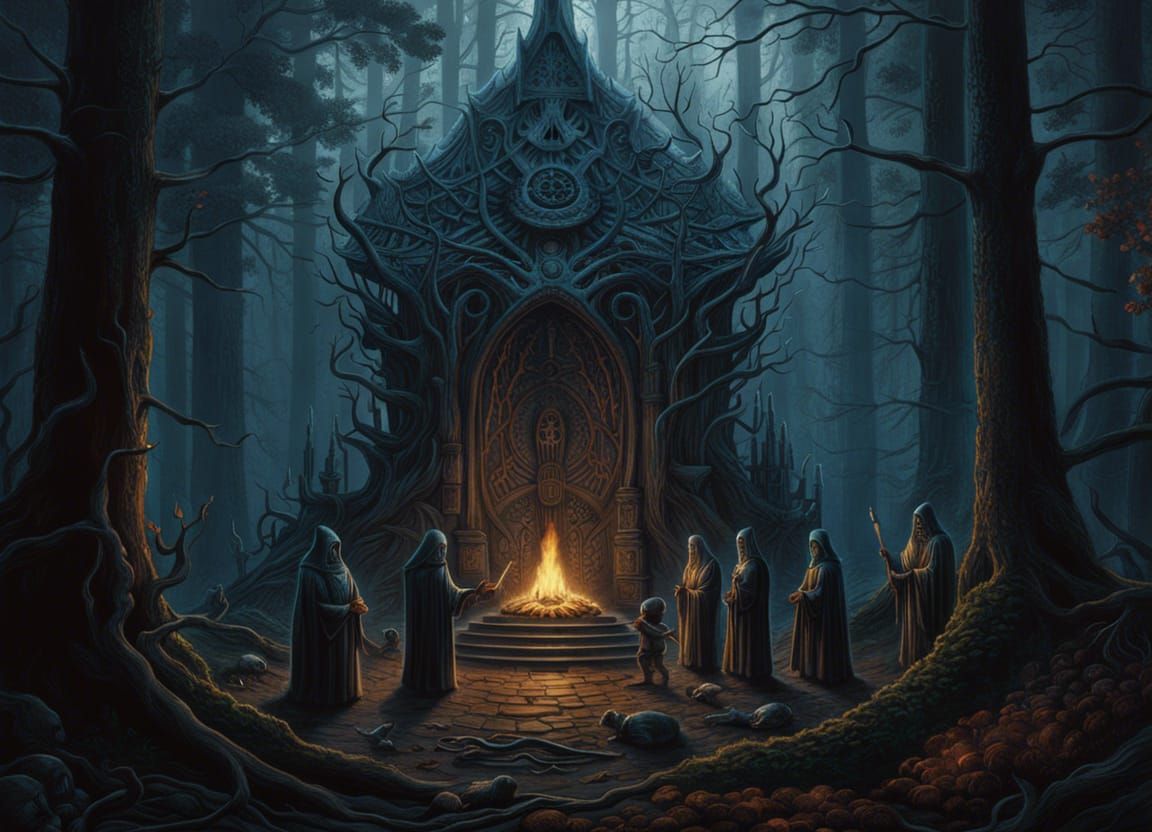 Spooky Forest Ritual Painting in Dark Fantasy Style