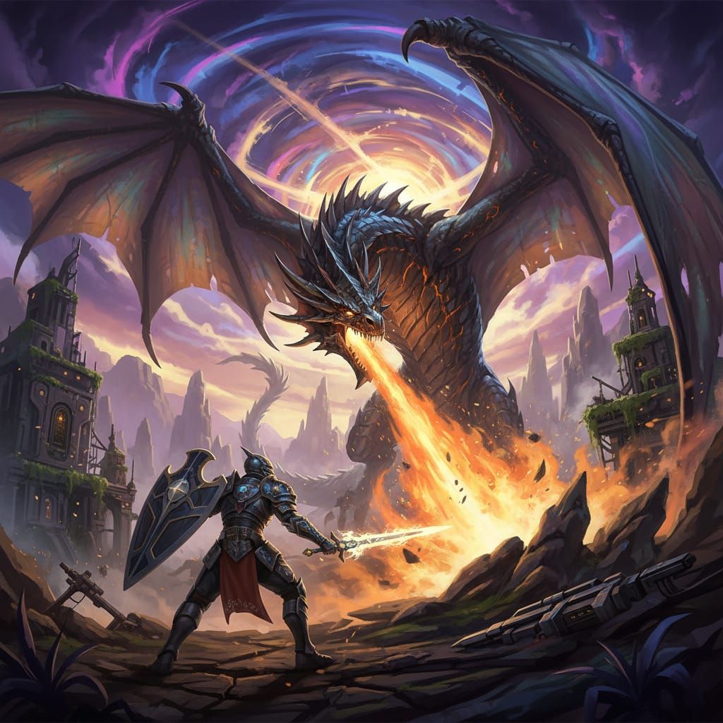 Fantasy Warrior Battles Dragon in Epic Digital Art