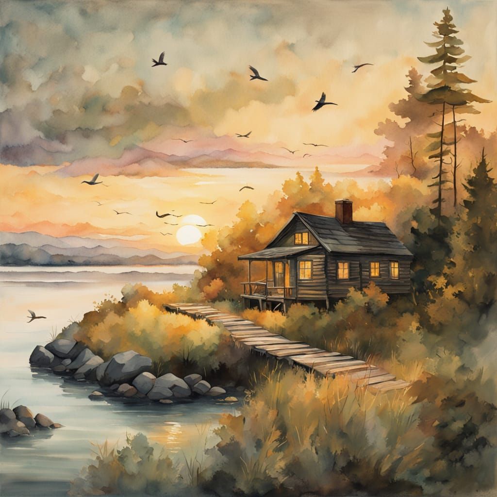 Watercolor Cabin at Dusk with Coastal Serenity