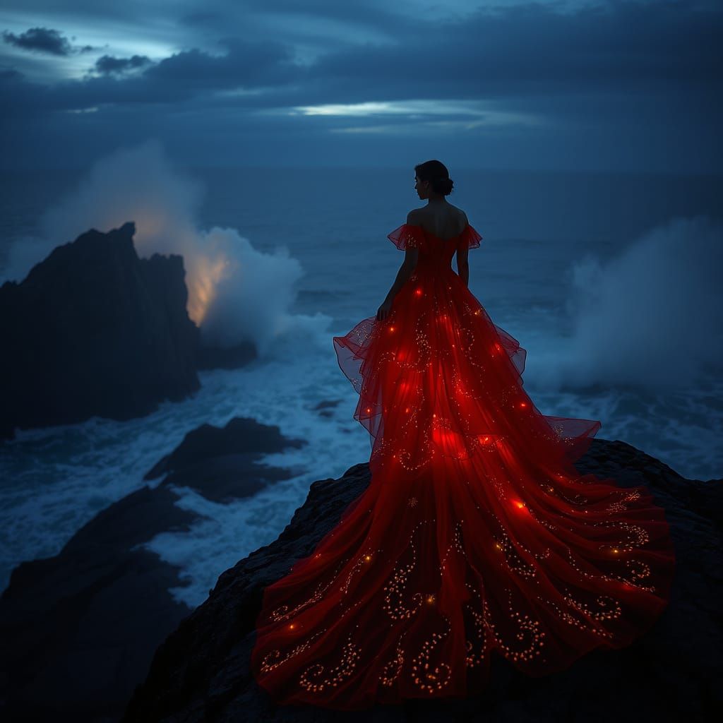 Ethereal Red Goddess on Cliffside at Dusk