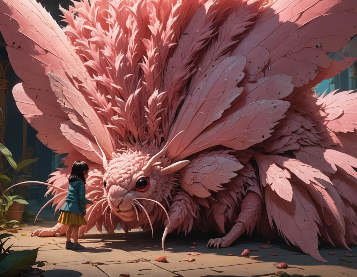 Girl and Giant Pink Moth in Rococo Style