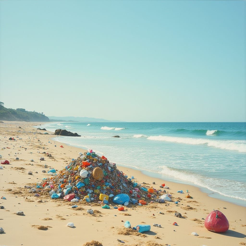 Dystopian Beach with Trash, in Simon Stalenhag Style