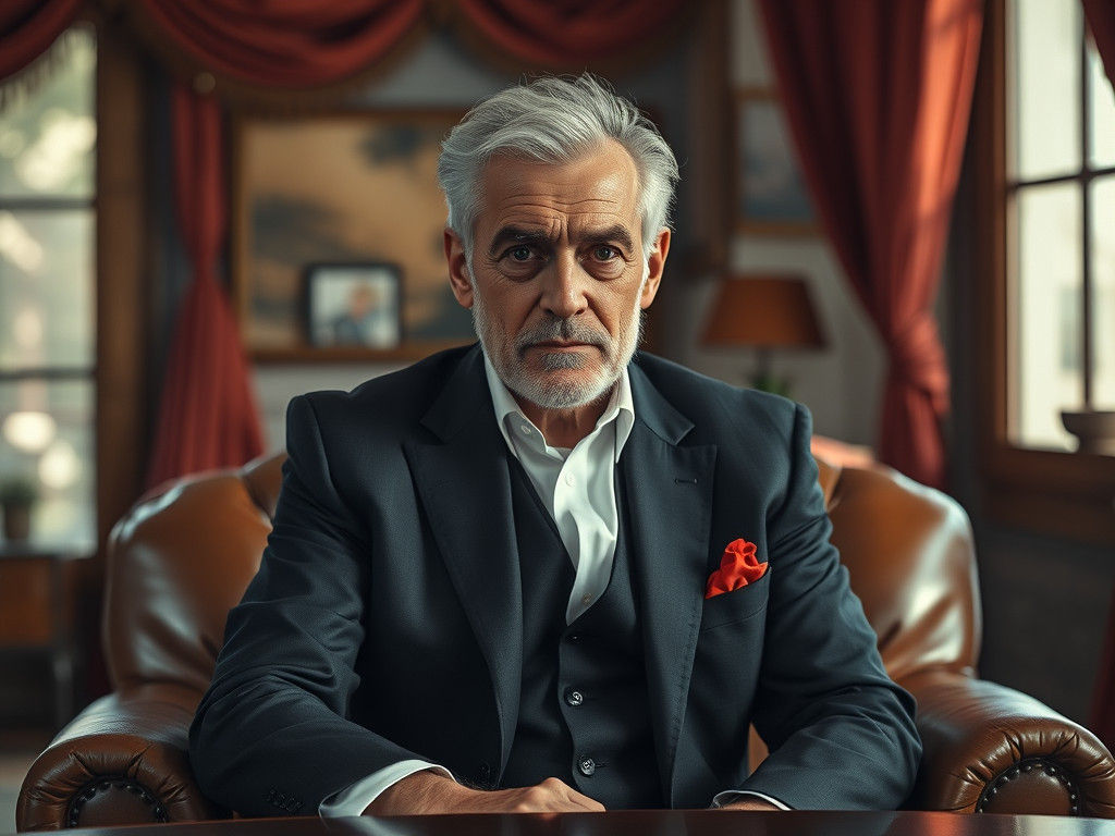 Elderly Man Gazing at Portrait, Photorealistic Style