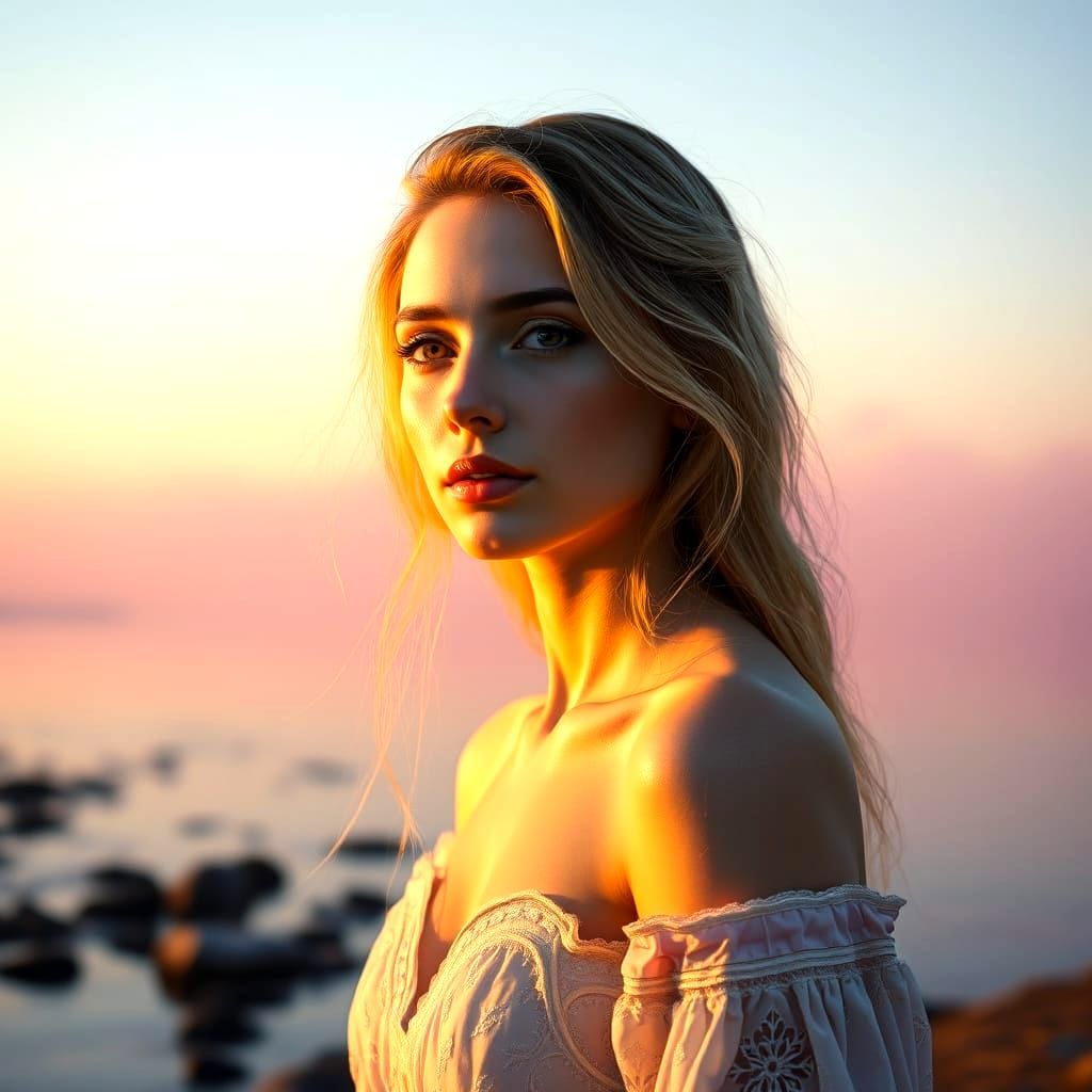 A rule of thirds, a hyper-realistic caucasian woman with soft white porcelain skin stands quietly near a secluded shorel...