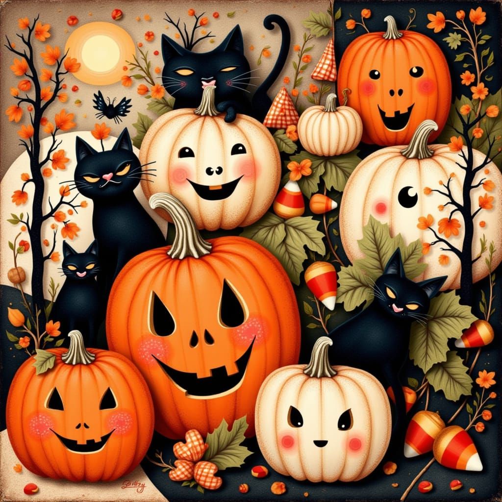 Folk Art Halloween Collage With Pumpkins and Cats