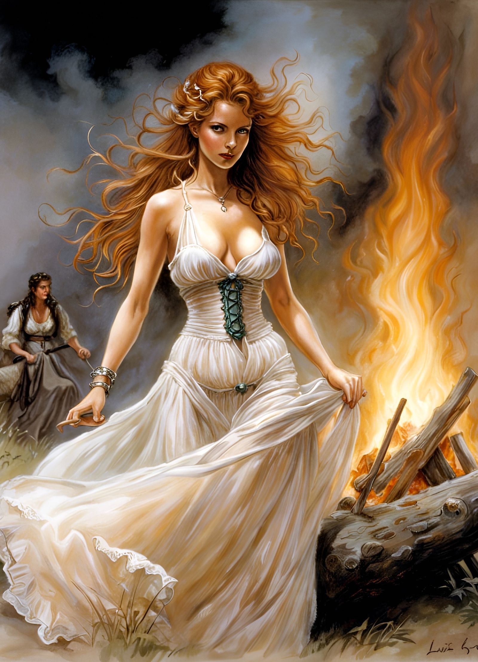Ginger Witch Dancing by Bonfire in Royo Style