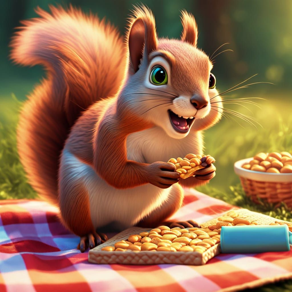 A mischievous squirrel stealing a peanut granola bar from a ...