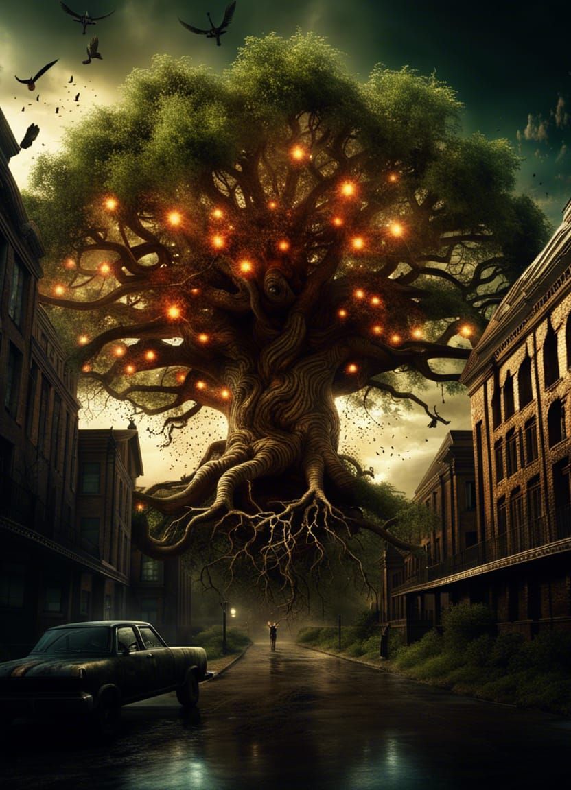 Dramatic Tree of Life in City, Digital Matte Painting