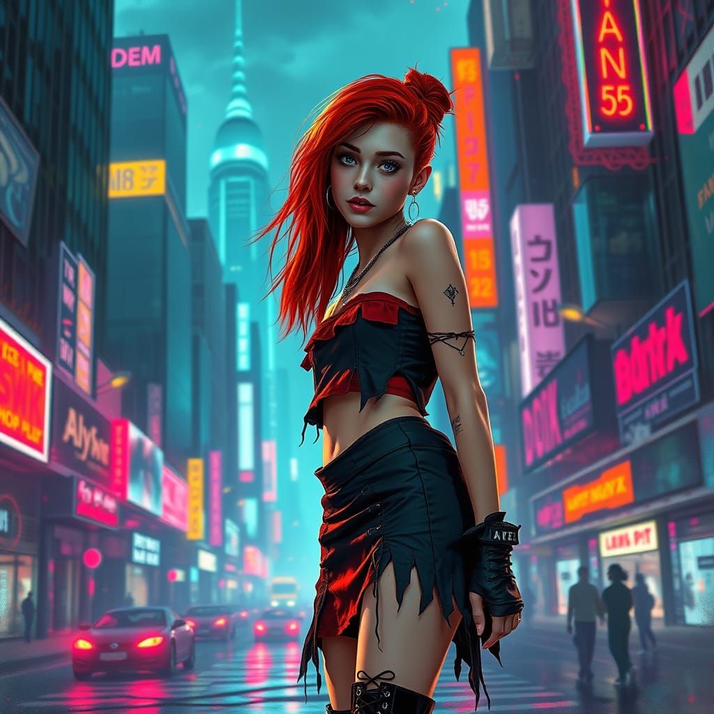 Cyberpunk Girl in Neon Cityscape: Graffiti Art Style