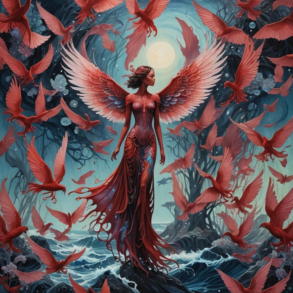 Winged Woman Over Crimson Tide in 3D