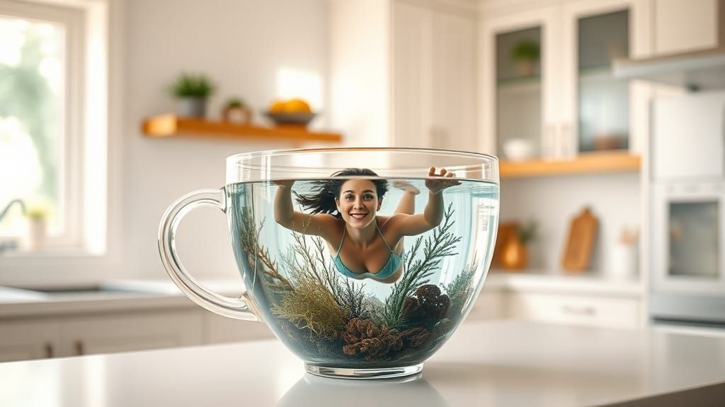 Surreal Ocean Swim: Woman in Cup on Countertop