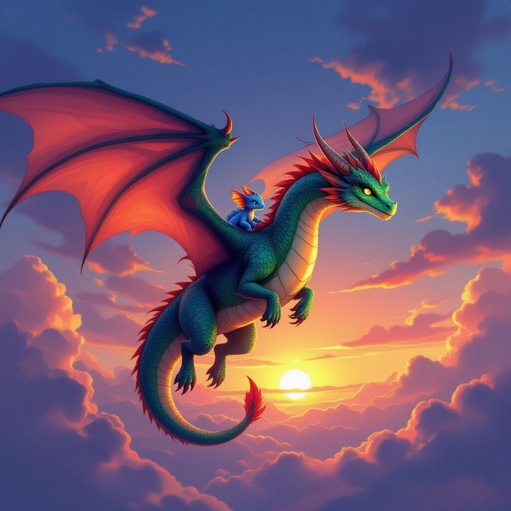 Majestic Dragon Soars with Baby in Twilight Fantasy Art