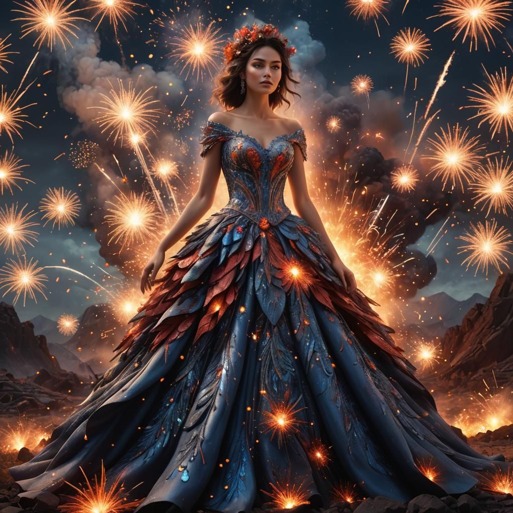 Volcanic Wedding Dress with Fireworks: Fantasy Concept Art