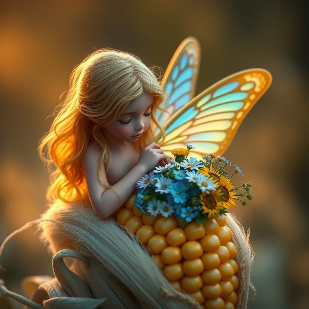 Fairy on Corncob Throne with Flowers