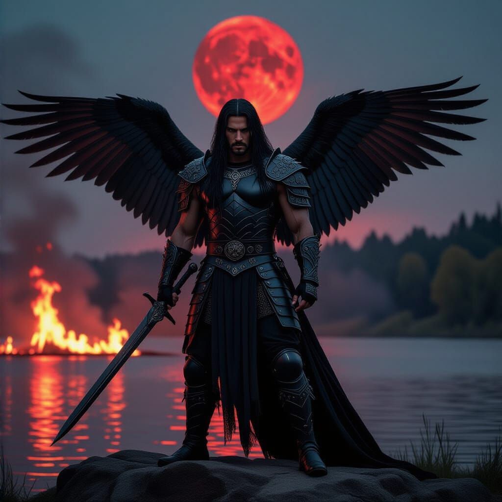 Epic Warrior with Wings by Lake of Fire
