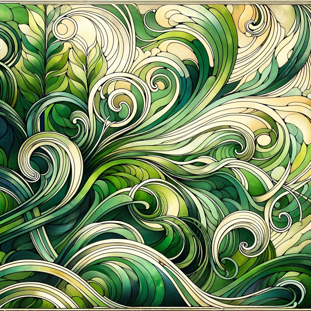 Art Nouveau Verdant Curves in Many Greens
