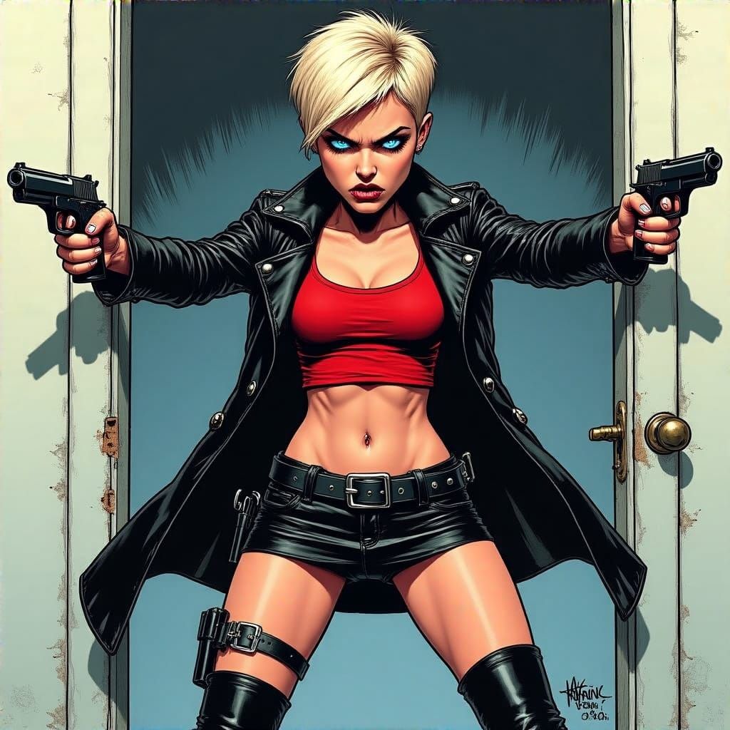 Sultry Punk Woman Kicks Down a Door with Fierce Determinatio...