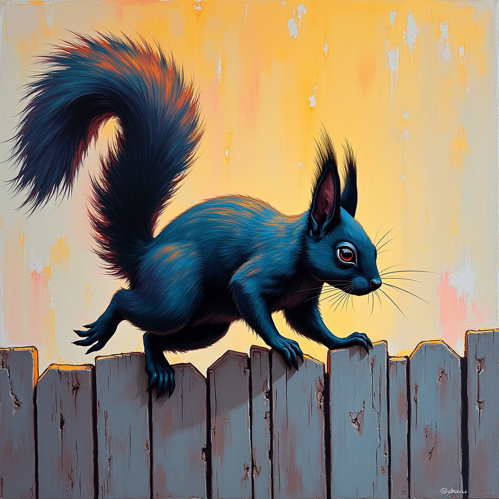 Iridescent Black Squirrel Runs in Graffiti Art Style