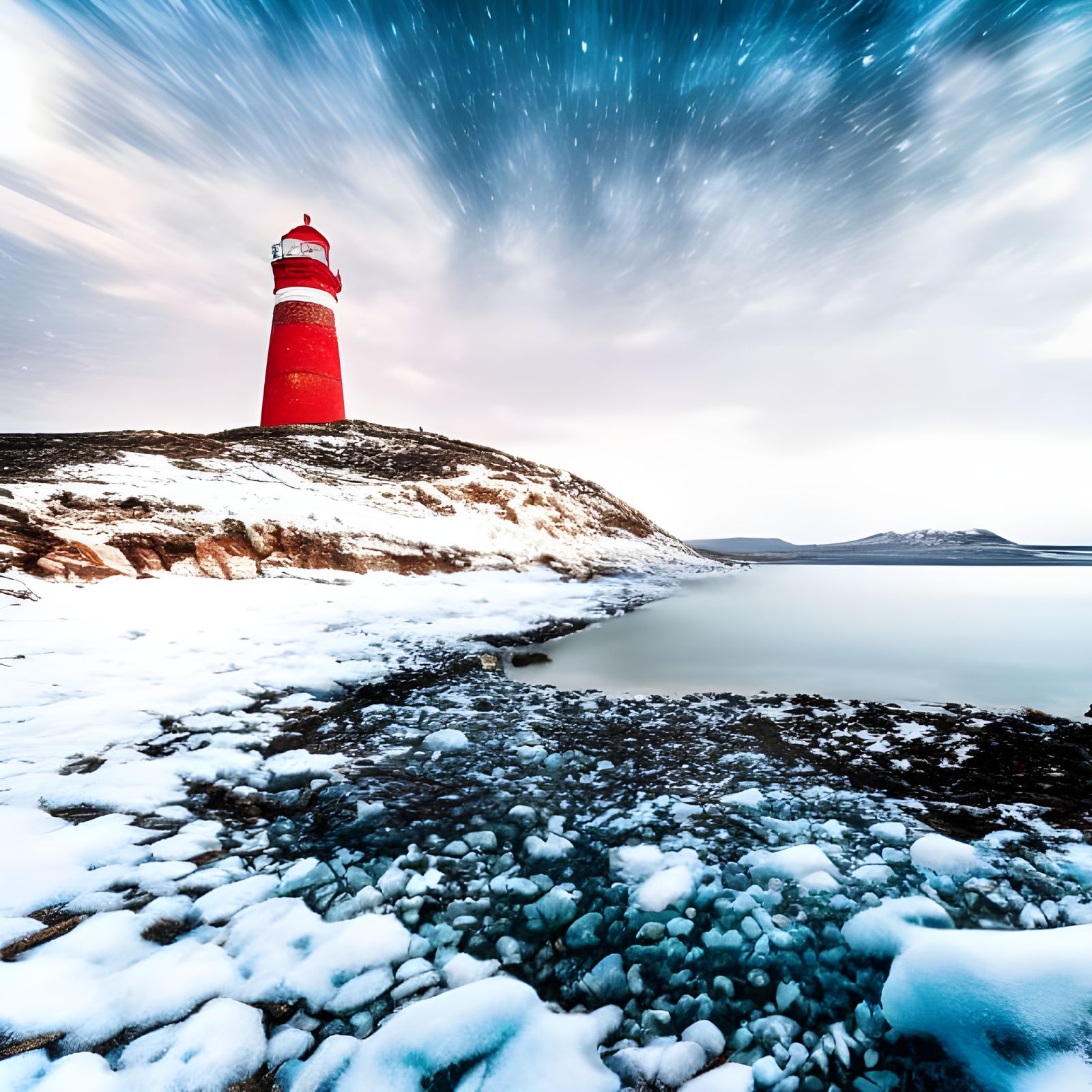 Snowy Beach Vista with Aurora and Star Trails