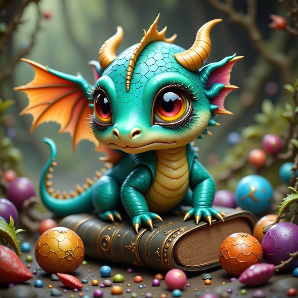 Iridescent Baby Dragon on Treasure, Whimsical Art Style