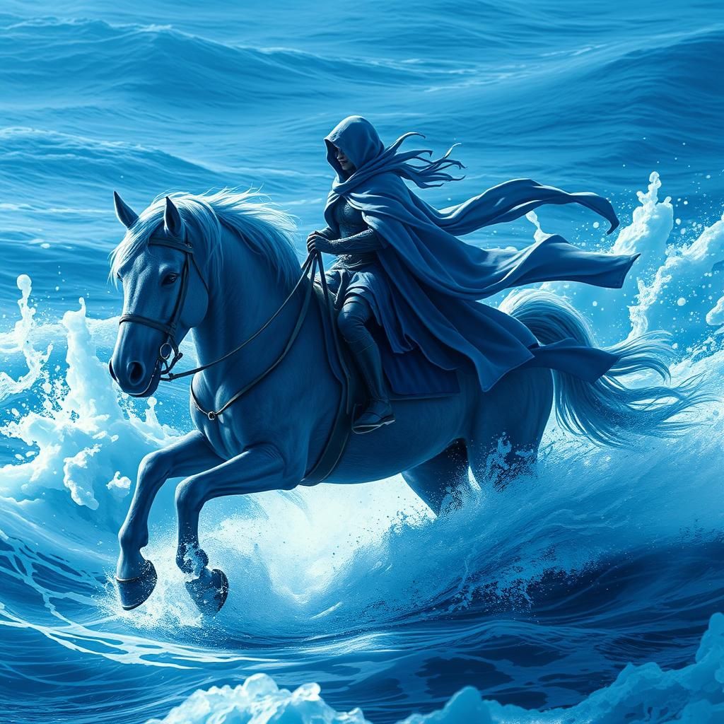 Blue Cloaked Woman Rides Ice Horse on Frosty Waves