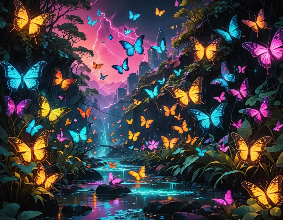 Neon Electric Butterflies powering rivers and streams with t...
